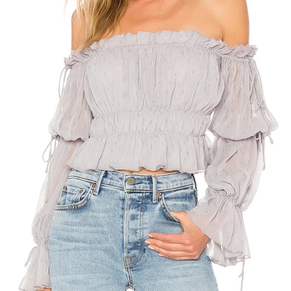 Tularosa White Sands Top in Gray Large Ruffles Elasticized Neckline Metallic